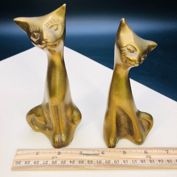80s Brass Long Neck Alley Cat COUPLE Figurines Set, Vintage Gold Tone Statuettes - Picture 9 of 11